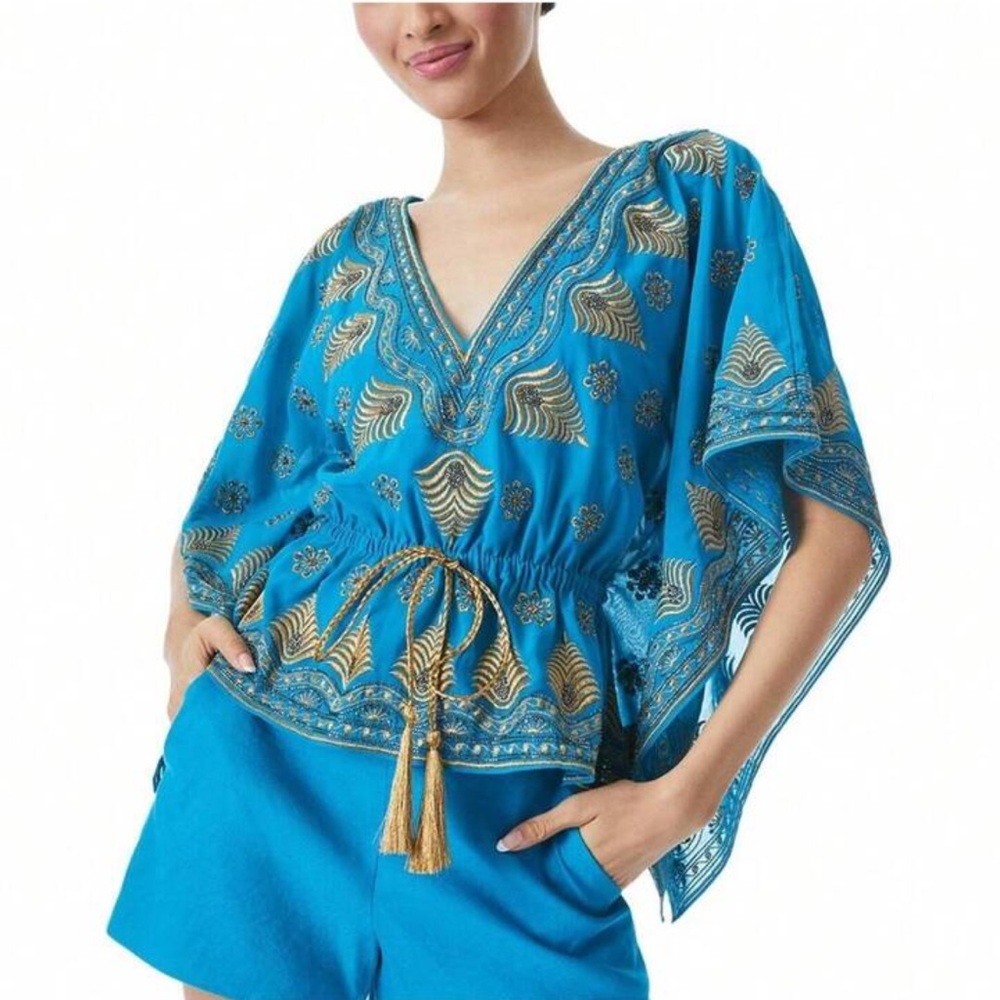 Alice + Olivia Blue and Gold Embroidered Top